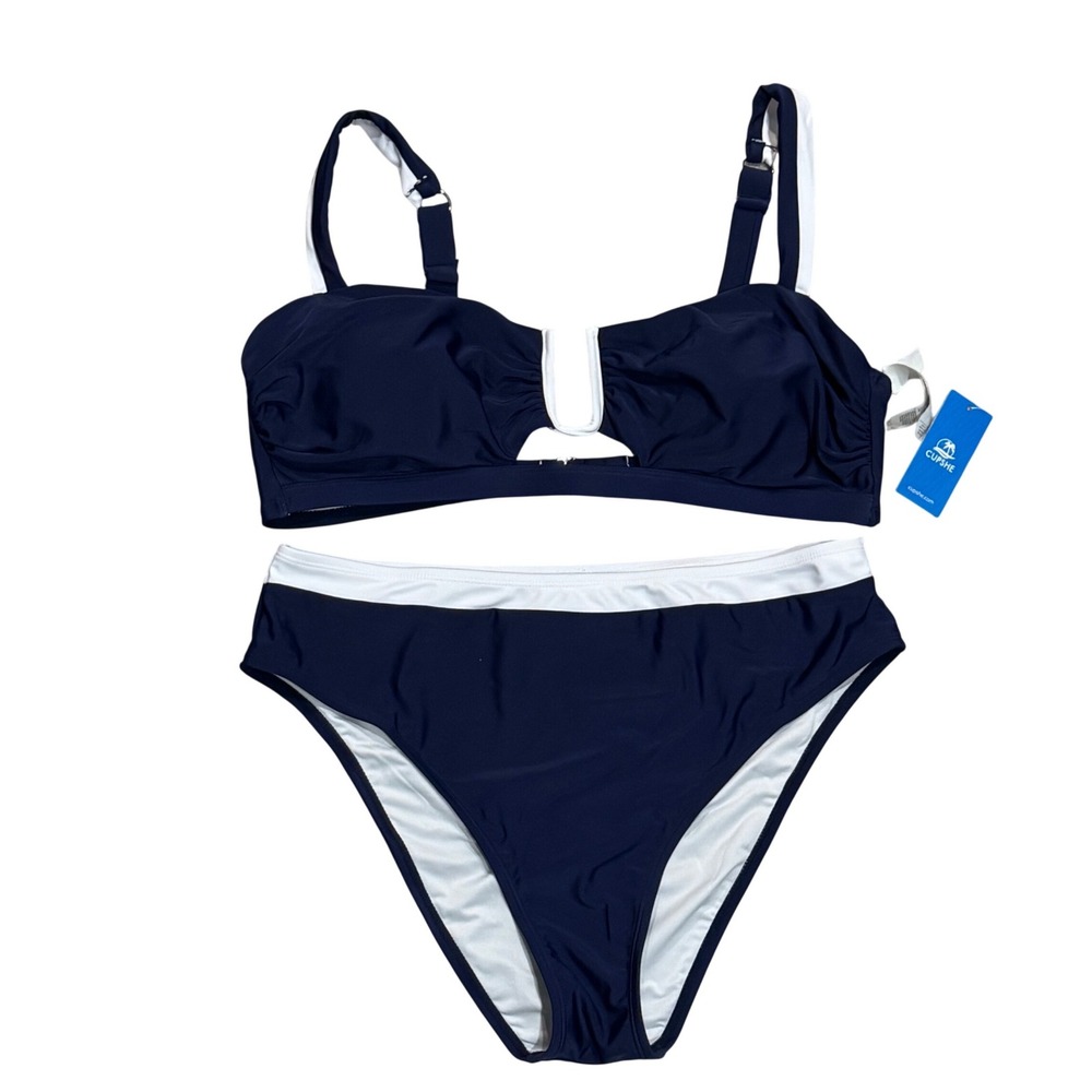 Cupshe Bikini Set Women XL Navy Blue New High Waisted Colorblock U-Wire Swimsuit